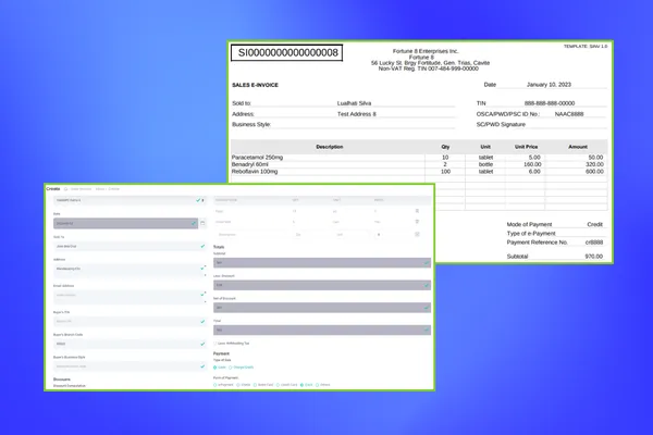Web application screenshot of issuing invoice and sample generated e-invoice